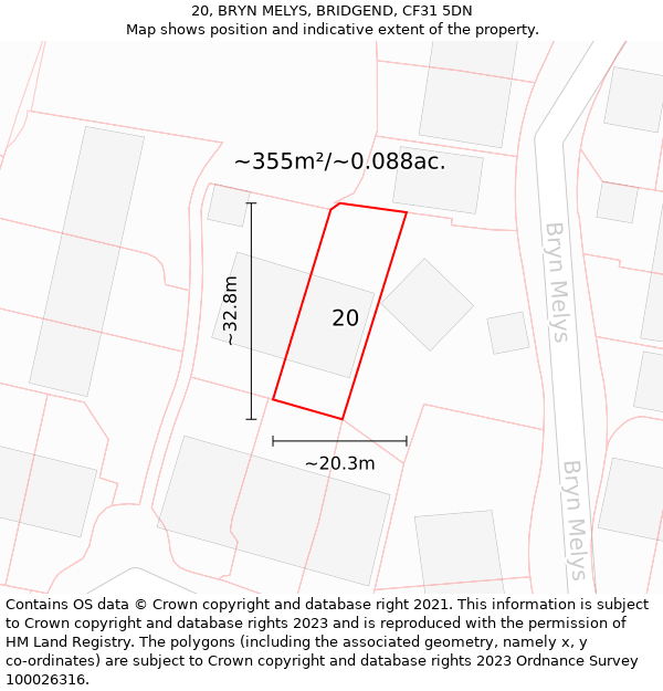 20, BRYN MELYS, BRIDGEND, CF31 5DN: Plot and title map