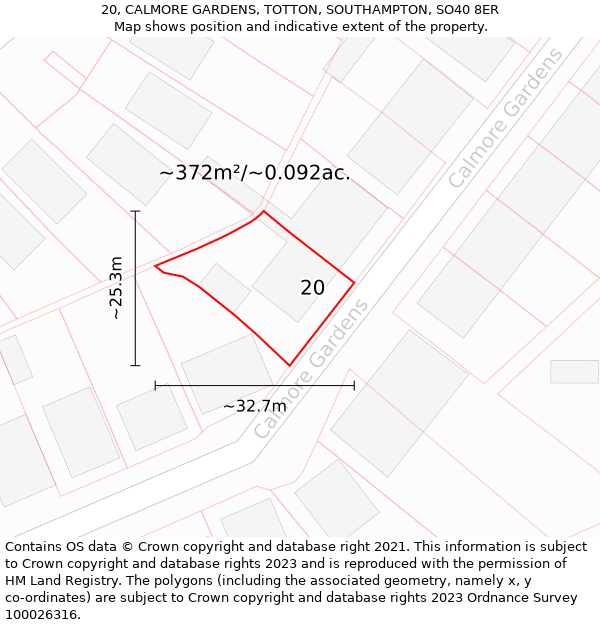 20, CALMORE GARDENS, TOTTON, SOUTHAMPTON, SO40 8ER: Plot and title map
