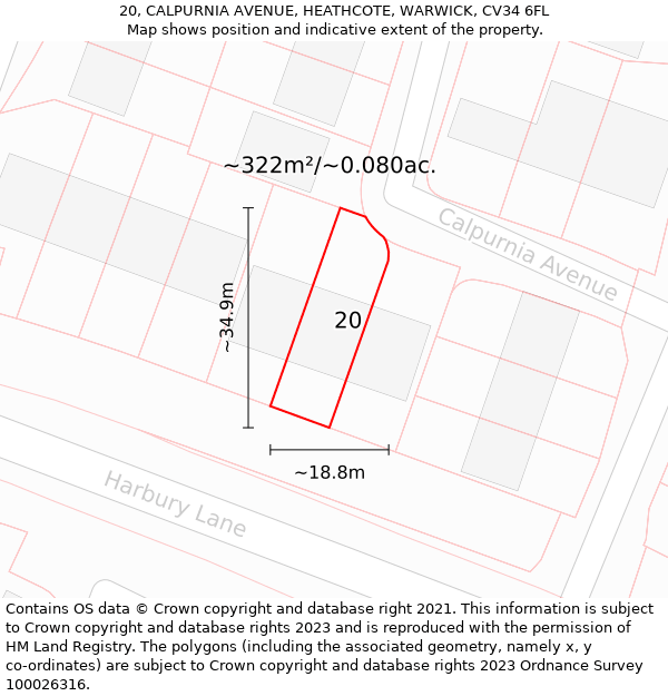 20, CALPURNIA AVENUE, HEATHCOTE, WARWICK, CV34 6FL: Plot and title map