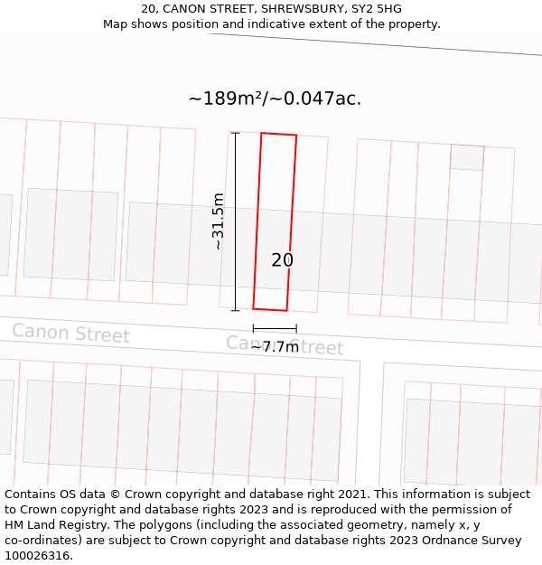 20, CANON STREET, SHREWSBURY, SY2 5HG: Plot and title map