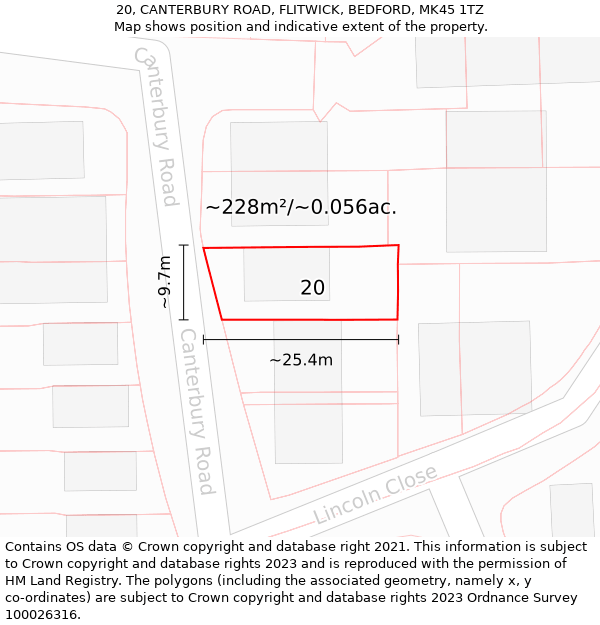 20, CANTERBURY ROAD, FLITWICK, BEDFORD, MK45 1TZ: Plot and title map