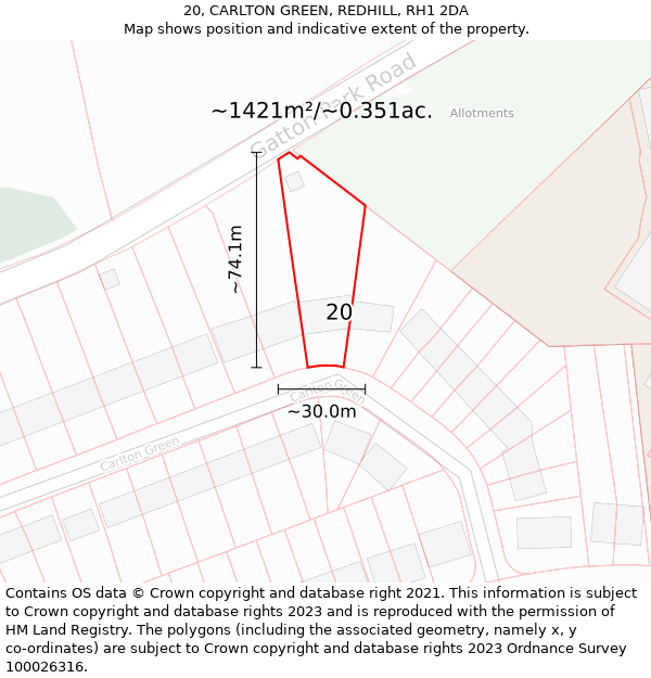 20, CARLTON GREEN, REDHILL, RH1 2DA: Plot and title map