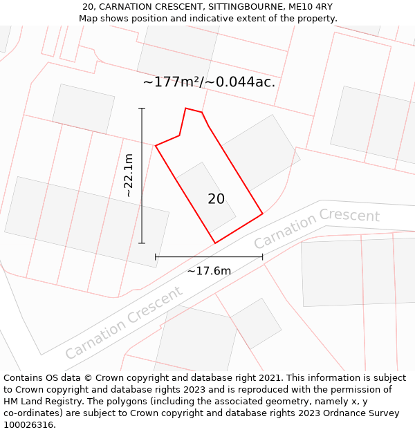 20, CARNATION CRESCENT, SITTINGBOURNE, ME10 4RY: Plot and title map