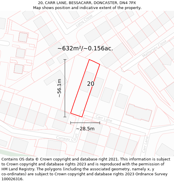 20, CARR LANE, BESSACARR, DONCASTER, DN4 7PX: Plot and title map