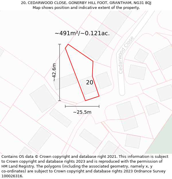 20, CEDARWOOD CLOSE, GONERBY HILL FOOT, GRANTHAM, NG31 8QJ: Plot and title map