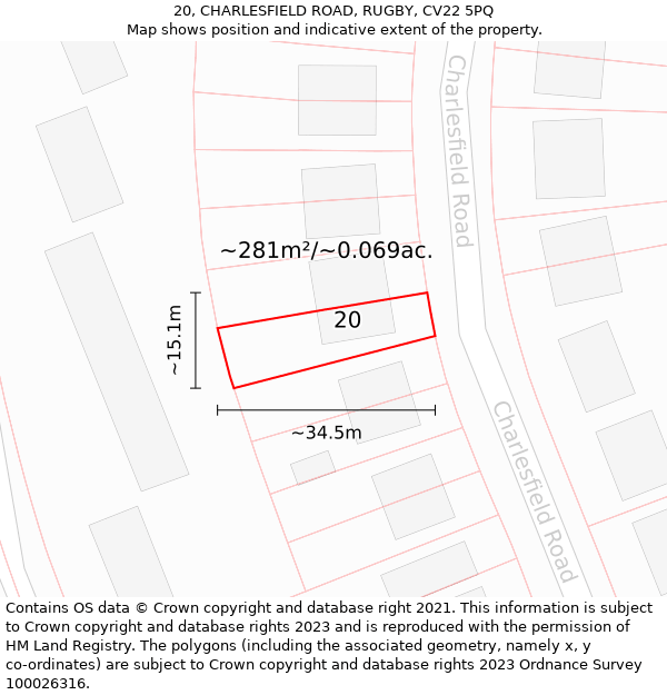 20, CHARLESFIELD ROAD, RUGBY, CV22 5PQ: Plot and title map