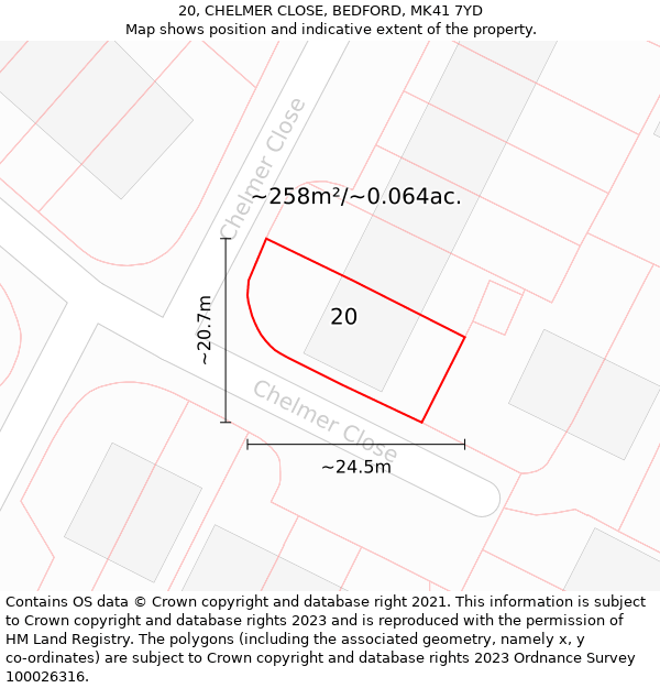 20, CHELMER CLOSE, BEDFORD, MK41 7YD: Plot and title map