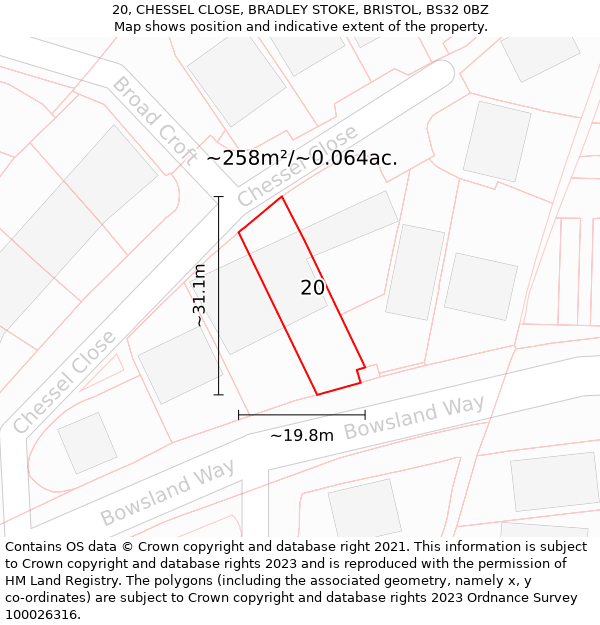 20, CHESSEL CLOSE, BRADLEY STOKE, BRISTOL, BS32 0BZ: Plot and title map