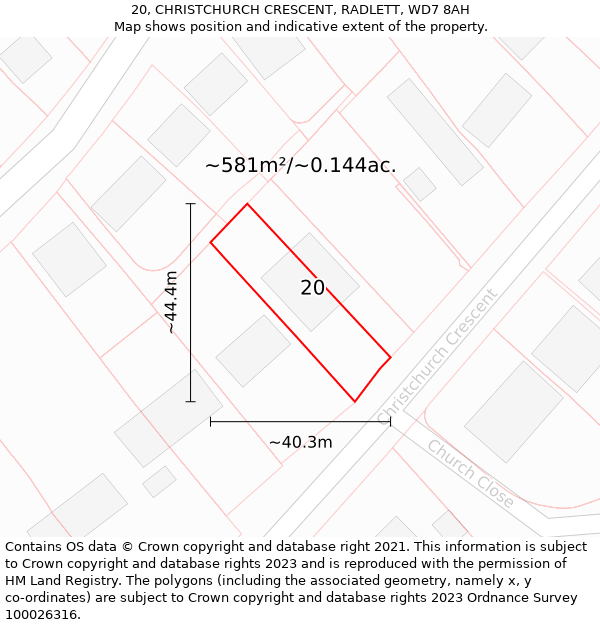 20, CHRISTCHURCH CRESCENT, RADLETT, WD7 8AH: Plot and title map