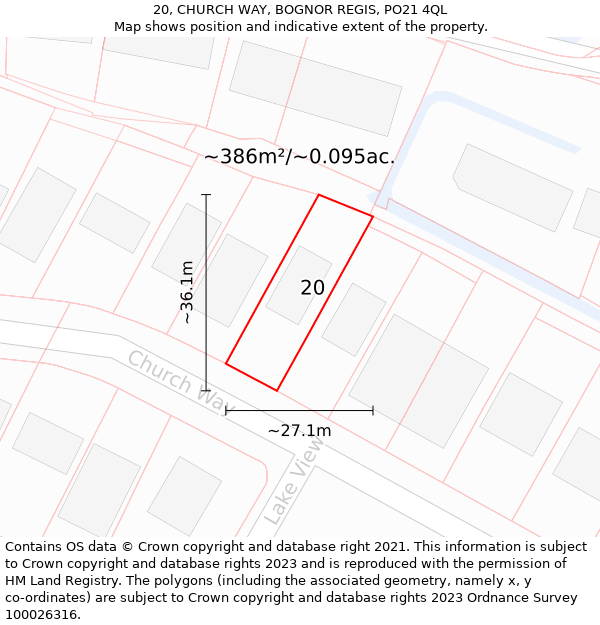 20, CHURCH WAY, BOGNOR REGIS, PO21 4QL: Plot and title map