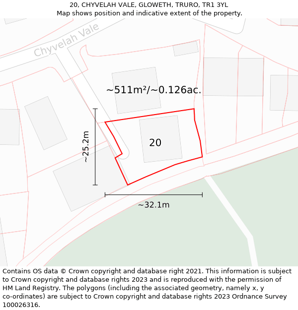 20, CHYVELAH VALE, GLOWETH, TRURO, TR1 3YL: Plot and title map