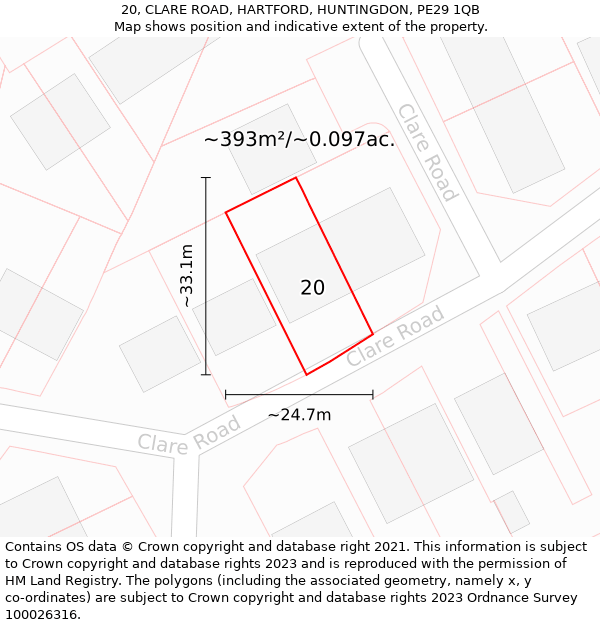 20, CLARE ROAD, HARTFORD, HUNTINGDON, PE29 1QB: Plot and title map