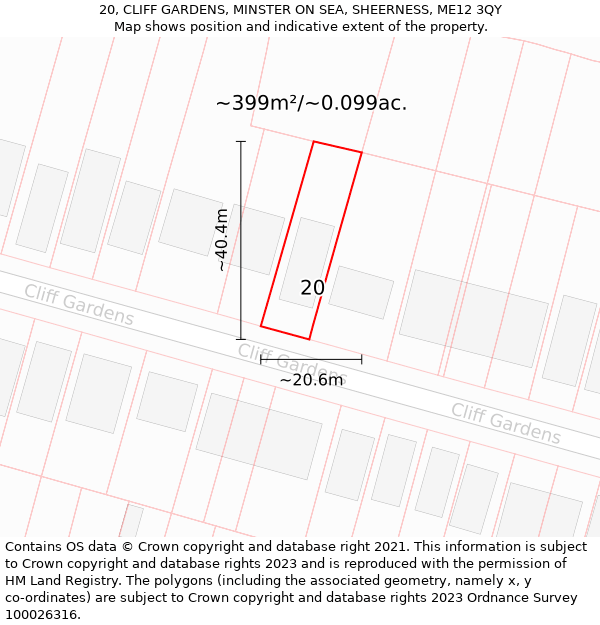 20, CLIFF GARDENS, MINSTER ON SEA, SHEERNESS, ME12 3QY: Plot and title map