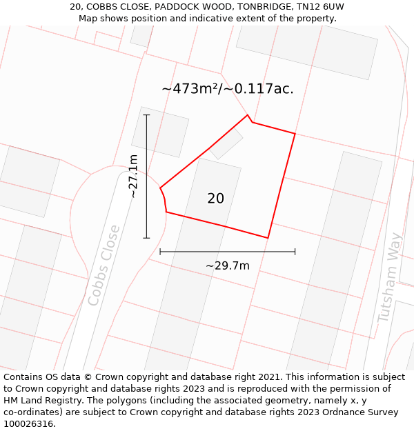 20, COBBS CLOSE, PADDOCK WOOD, TONBRIDGE, TN12 6UW: Plot and title map