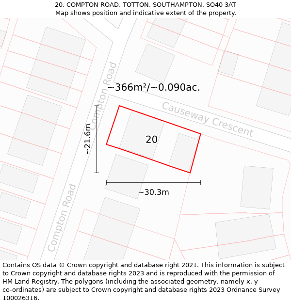 20, COMPTON ROAD, TOTTON, SOUTHAMPTON, SO40 3AT: Plot and title map