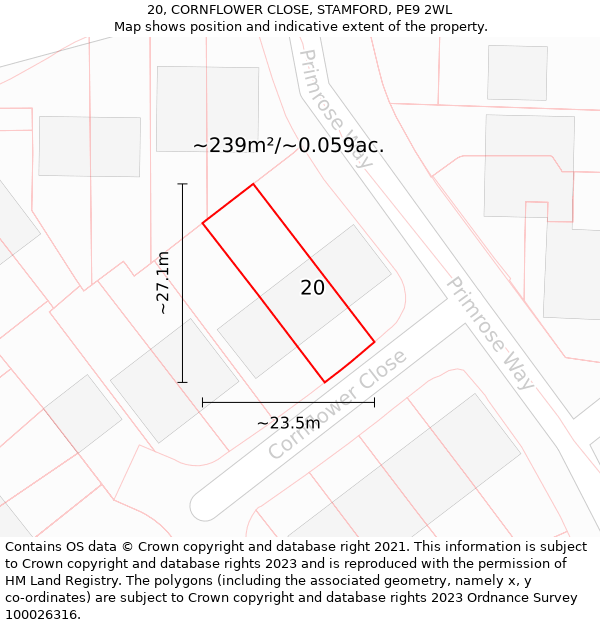 20, CORNFLOWER CLOSE, STAMFORD, PE9 2WL: Plot and title map