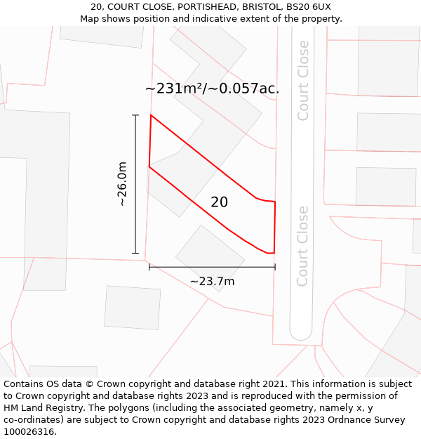 20, COURT CLOSE, PORTISHEAD, BRISTOL, BS20 6UX: Plot and title map