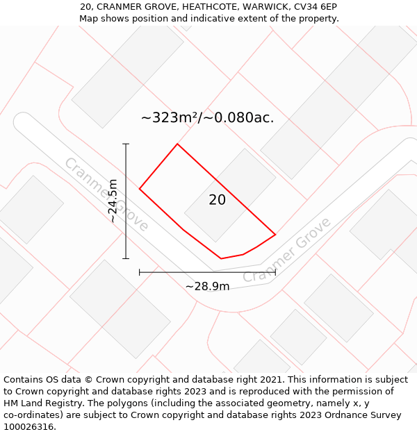 20, CRANMER GROVE, HEATHCOTE, WARWICK, CV34 6EP: Plot and title map