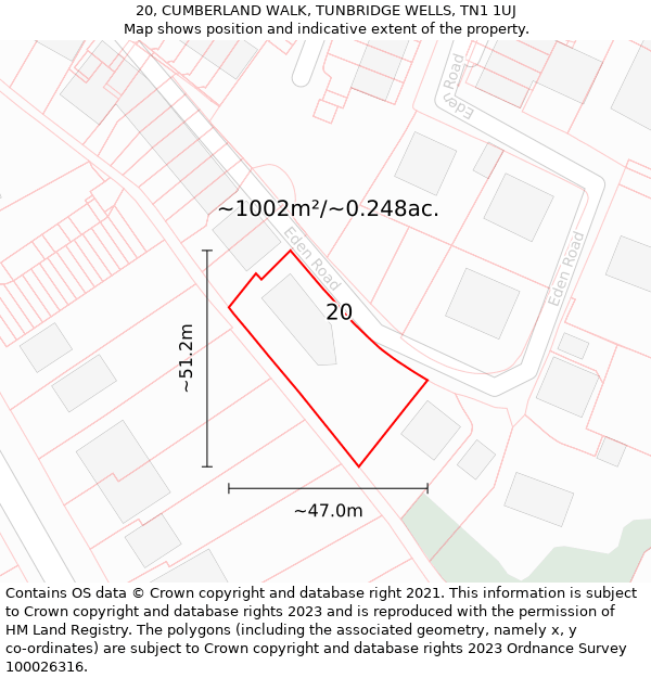 20, CUMBERLAND WALK, TUNBRIDGE WELLS, TN1 1UJ: Plot and title map