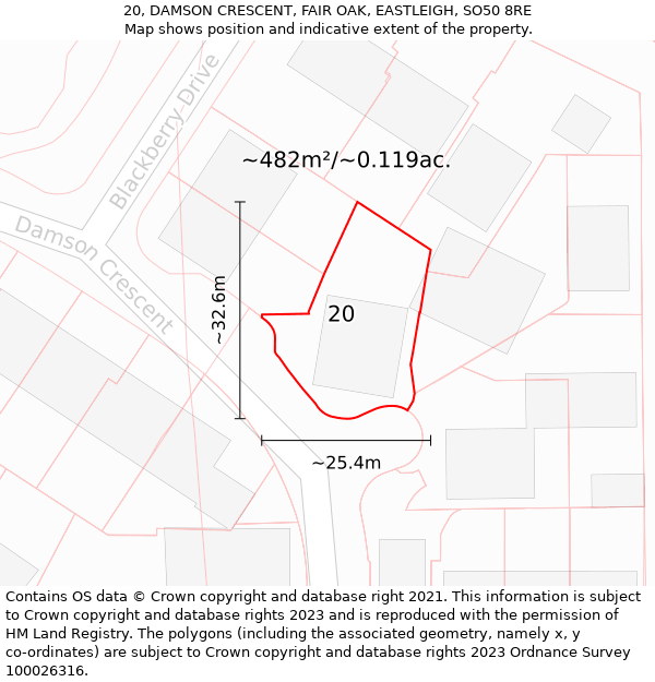 20, DAMSON CRESCENT, FAIR OAK, EASTLEIGH, SO50 8RE: Plot and title map