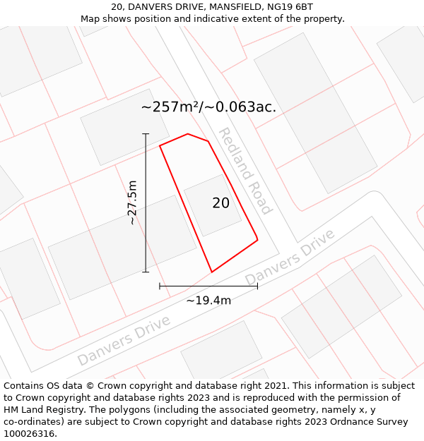 20, DANVERS DRIVE, MANSFIELD, NG19 6BT: Plot and title map