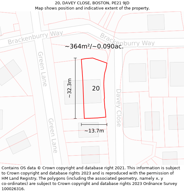 20, DAVEY CLOSE, BOSTON, PE21 9JD: Plot and title map