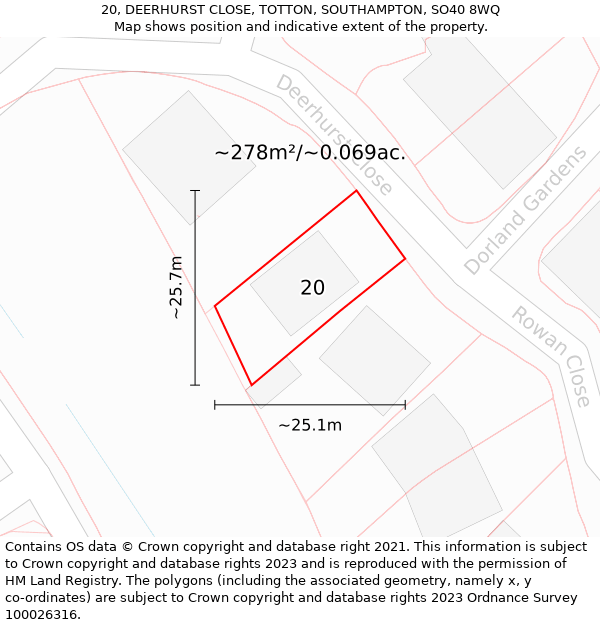 20, DEERHURST CLOSE, TOTTON, SOUTHAMPTON, SO40 8WQ: Plot and title map