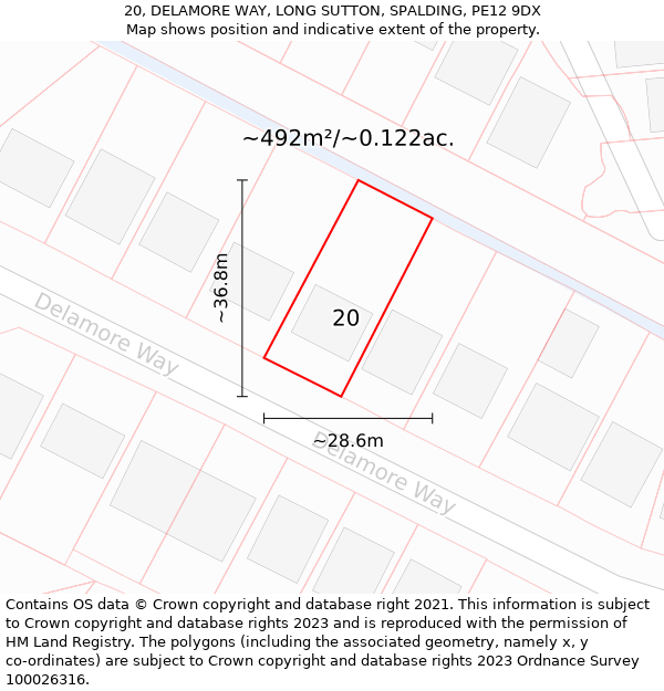 20, DELAMORE WAY, LONG SUTTON, SPALDING, PE12 9DX: Plot and title map