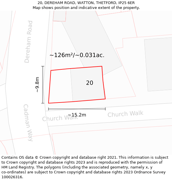 20, DEREHAM ROAD, WATTON, THETFORD, IP25 6ER: Plot and title map