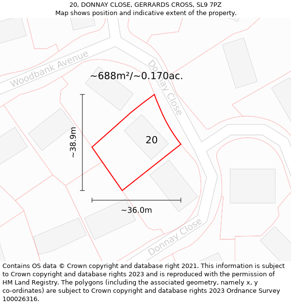 20, DONNAY CLOSE, GERRARDS CROSS, SL9 7PZ: Plot and title map