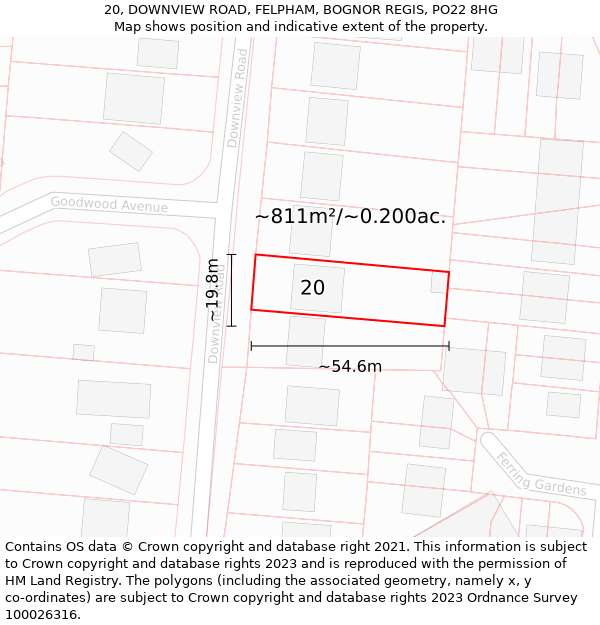 20, DOWNVIEW ROAD, FELPHAM, BOGNOR REGIS, PO22 8HG: Plot and title map