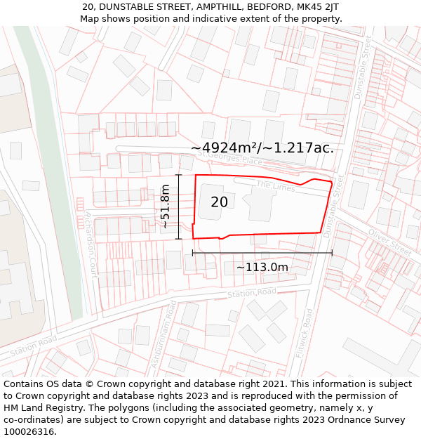 20, DUNSTABLE STREET, AMPTHILL, BEDFORD, MK45 2JT: Plot and title map