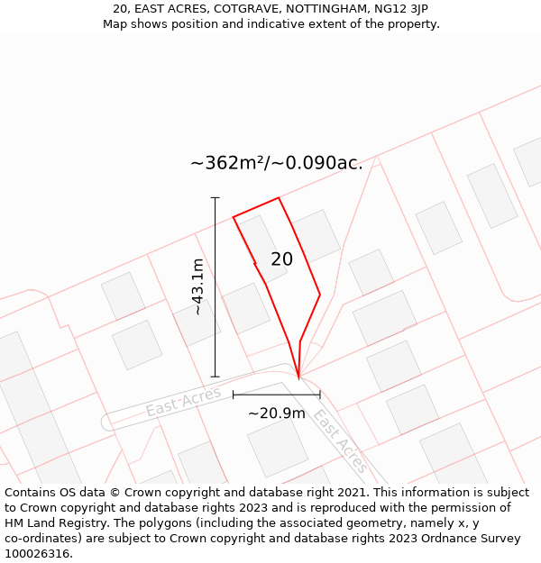 20, EAST ACRES, COTGRAVE, NOTTINGHAM, NG12 3JP: Plot and title map