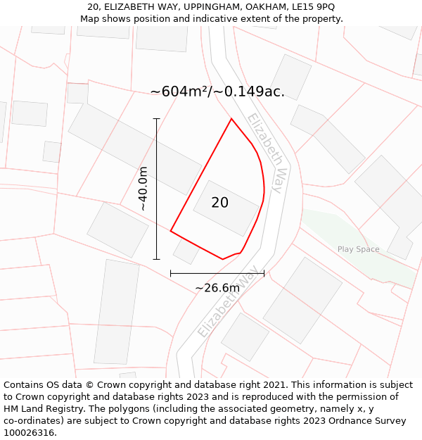 20, ELIZABETH WAY, UPPINGHAM, OAKHAM, LE15 9PQ: Plot and title map