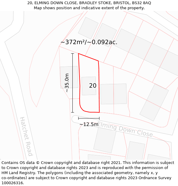 20, ELMING DOWN CLOSE, BRADLEY STOKE, BRISTOL, BS32 8AQ: Plot and title map