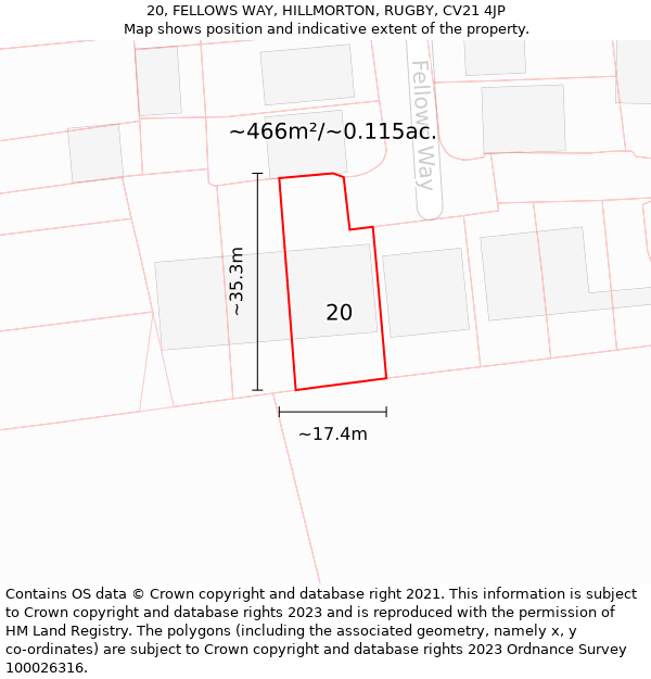 20, FELLOWS WAY, HILLMORTON, RUGBY, CV21 4JP: Plot and title map