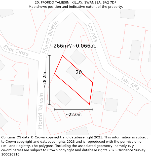 20, FFORDD TALIESIN, KILLAY, SWANSEA, SA2 7DF: Plot and title map