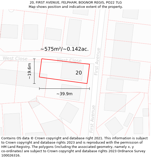 20, FIRST AVENUE, FELPHAM, BOGNOR REGIS, PO22 7LG: Plot and title map