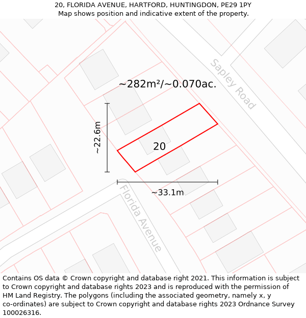 20, FLORIDA AVENUE, HARTFORD, HUNTINGDON, PE29 1PY: Plot and title map