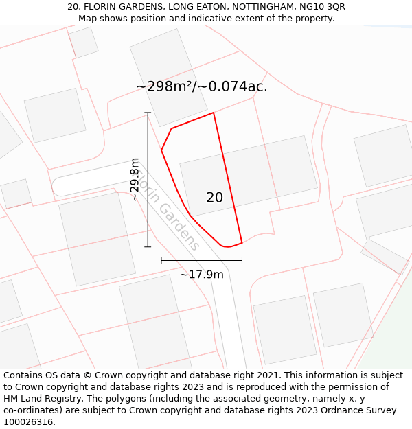 20, FLORIN GARDENS, LONG EATON, NOTTINGHAM, NG10 3QR: Plot and title map