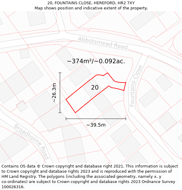 20, FOUNTAINS CLOSE, HEREFORD, HR2 7XY: Plot and title map