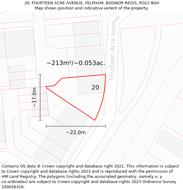 20, FOURTEEN ACRE AVENUE, FELPHAM, BOGNOR REGIS, PO22 8GH: Plot and title map