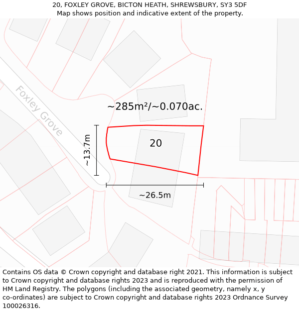 20, FOXLEY GROVE, BICTON HEATH, SHREWSBURY, SY3 5DF: Plot and title map