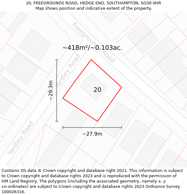 20, FREEGROUNDS ROAD, HEDGE END, SOUTHAMPTON, SO30 0HR: Plot and title map