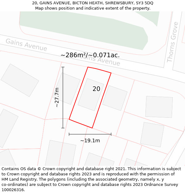 20, GAINS AVENUE, BICTON HEATH, SHREWSBURY, SY3 5DQ: Plot and title map