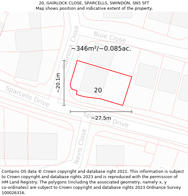 20, GAIRLOCK CLOSE, SPARCELLS, SWINDON, SN5 5FT: Plot and title map