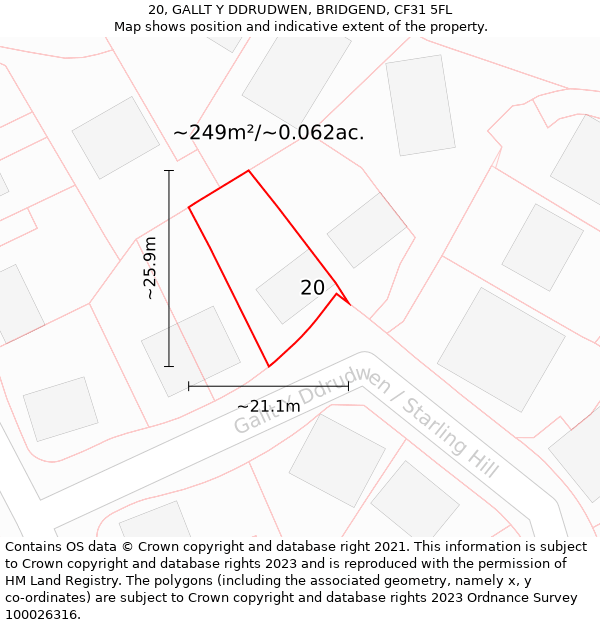 20, GALLT Y DDRUDWEN, BRIDGEND, CF31 5FL: Plot and title map