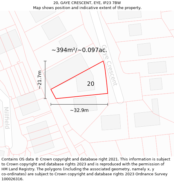 20, GAYE CRESCENT, EYE, IP23 7BW: Plot and title map