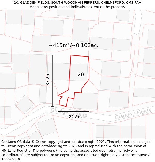 20, GLADDEN FIELDS, SOUTH WOODHAM FERRERS, CHELMSFORD, CM3 7AH: Plot and title map