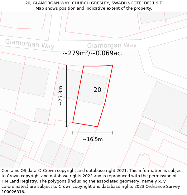 20, GLAMORGAN WAY, CHURCH GRESLEY, SWADLINCOTE, DE11 9JT: Plot and title map